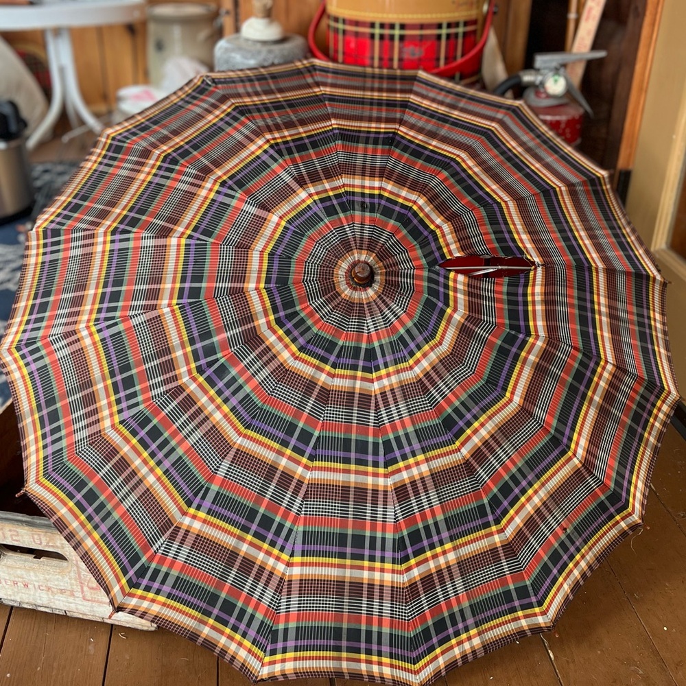 Vintage Plaid Umbrella Lucite Handle